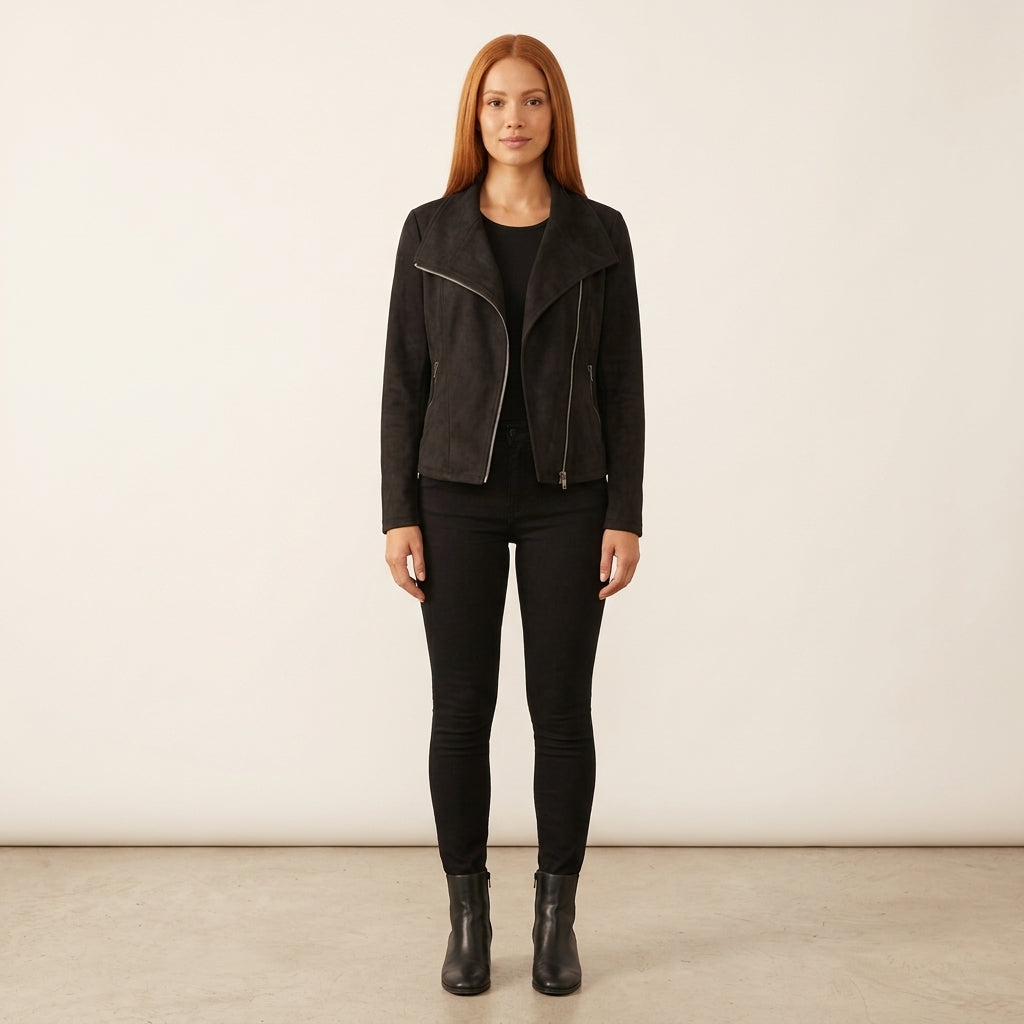 Isabella | Women's Asymmetric-Zip Tailored Faux Suede Biker Leather Jacket
