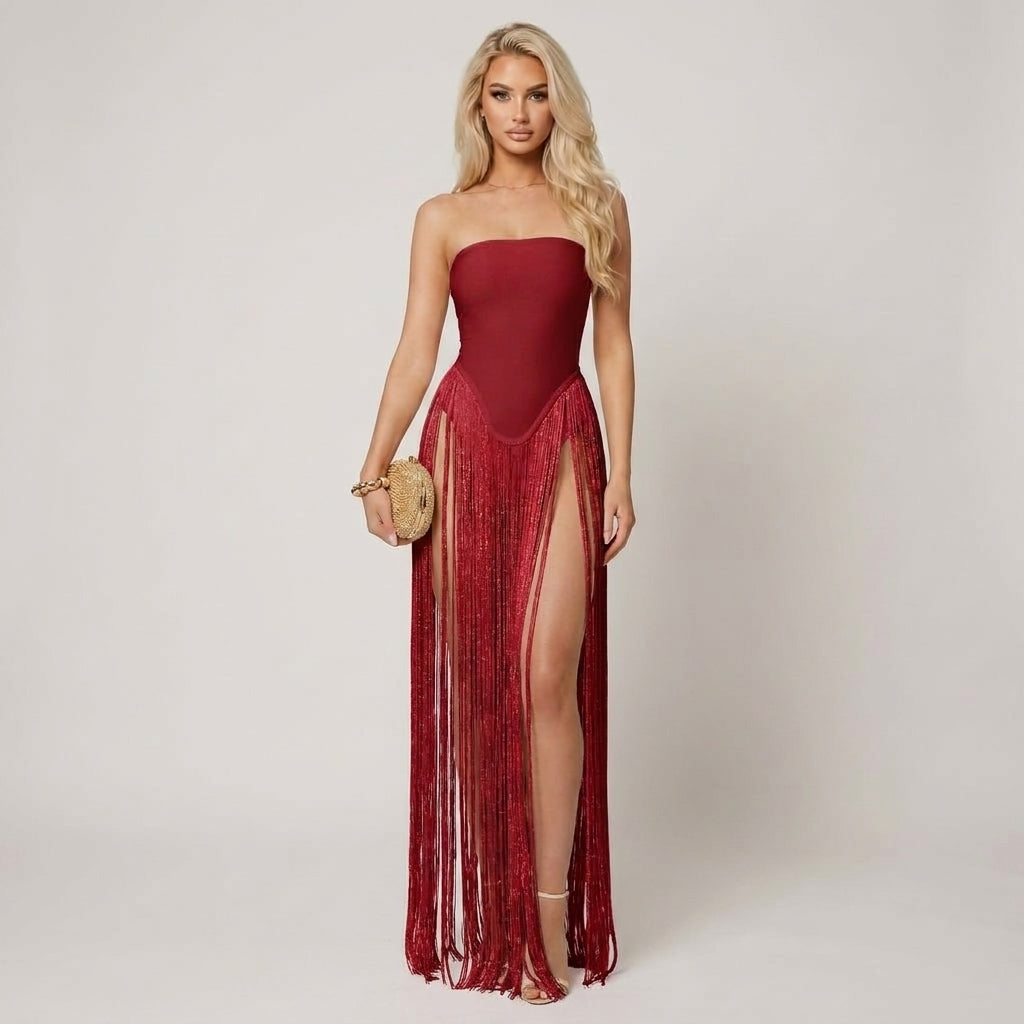 Strapless Bandage Maxi Dress with Waist Fringe Panel Detailing