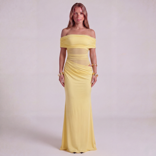 One-Shoulder Ruched Maxi Dress with Side Cut-Out and Draped Skirt