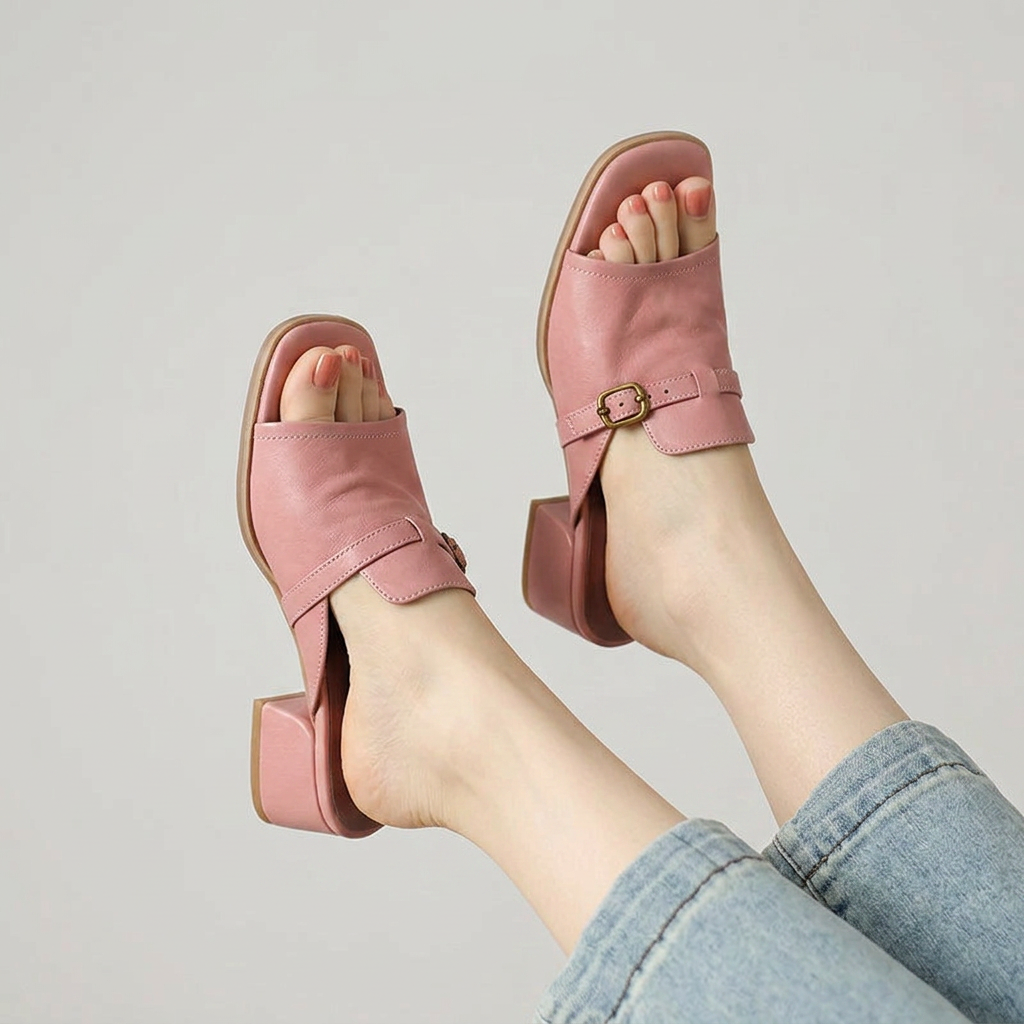 Sophia Genuine Leather Buckle Strap Slide Sandals