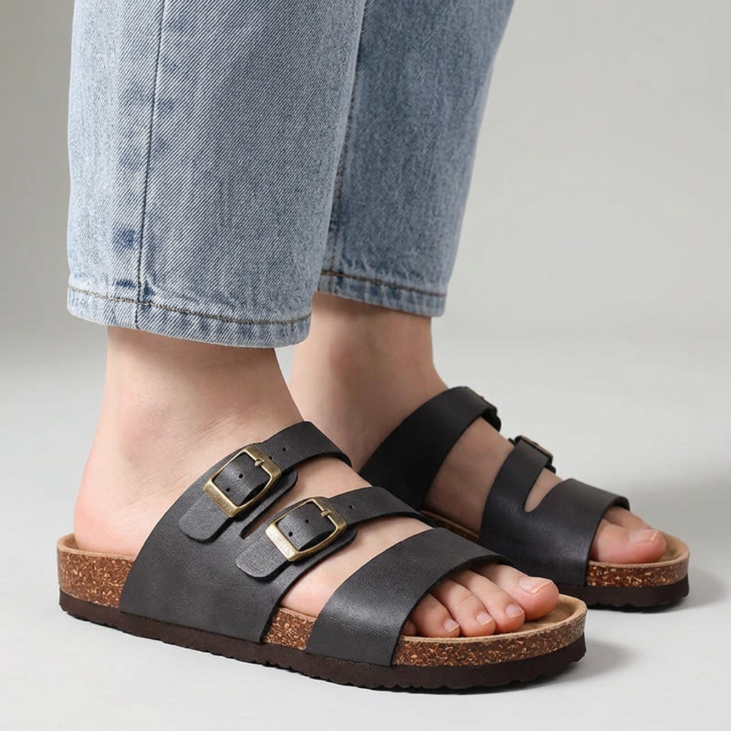 Isabella Double Buckle Leather Comfort Slide Sandals