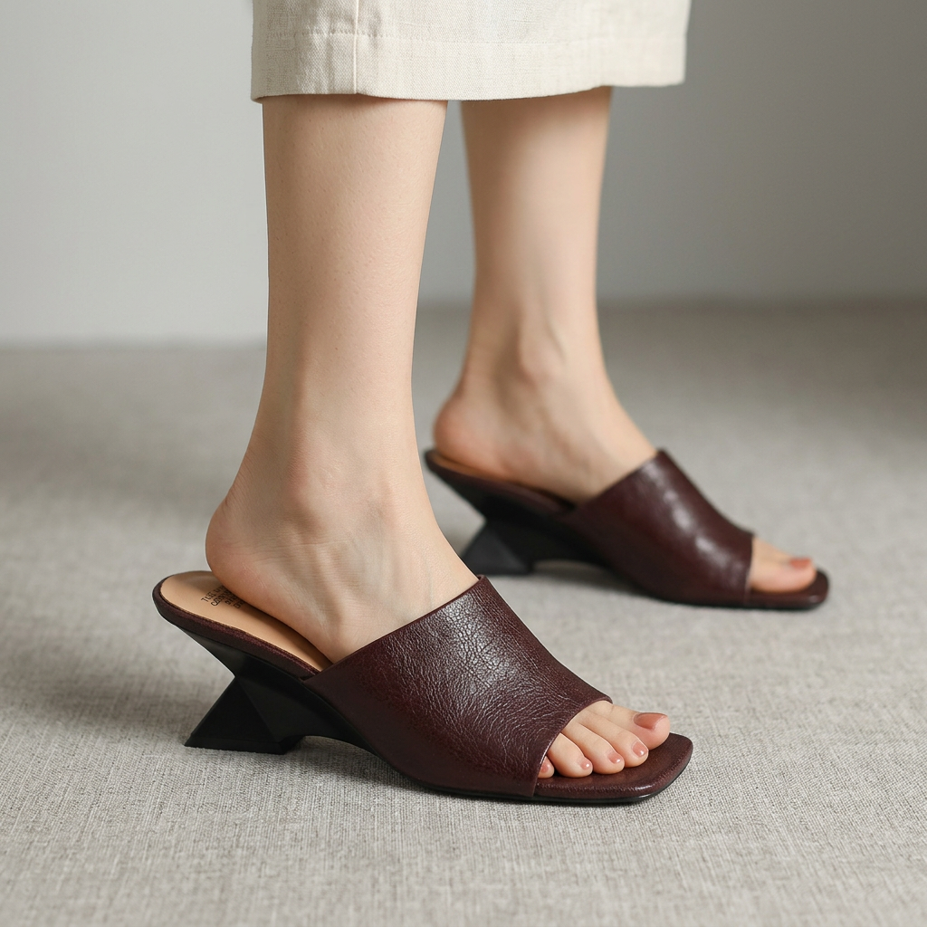 Charlotte Burnished Leather Wide Strap Flat Slide Sandals