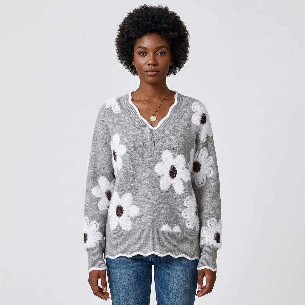 Floral Pattern Soft Knit Sweater