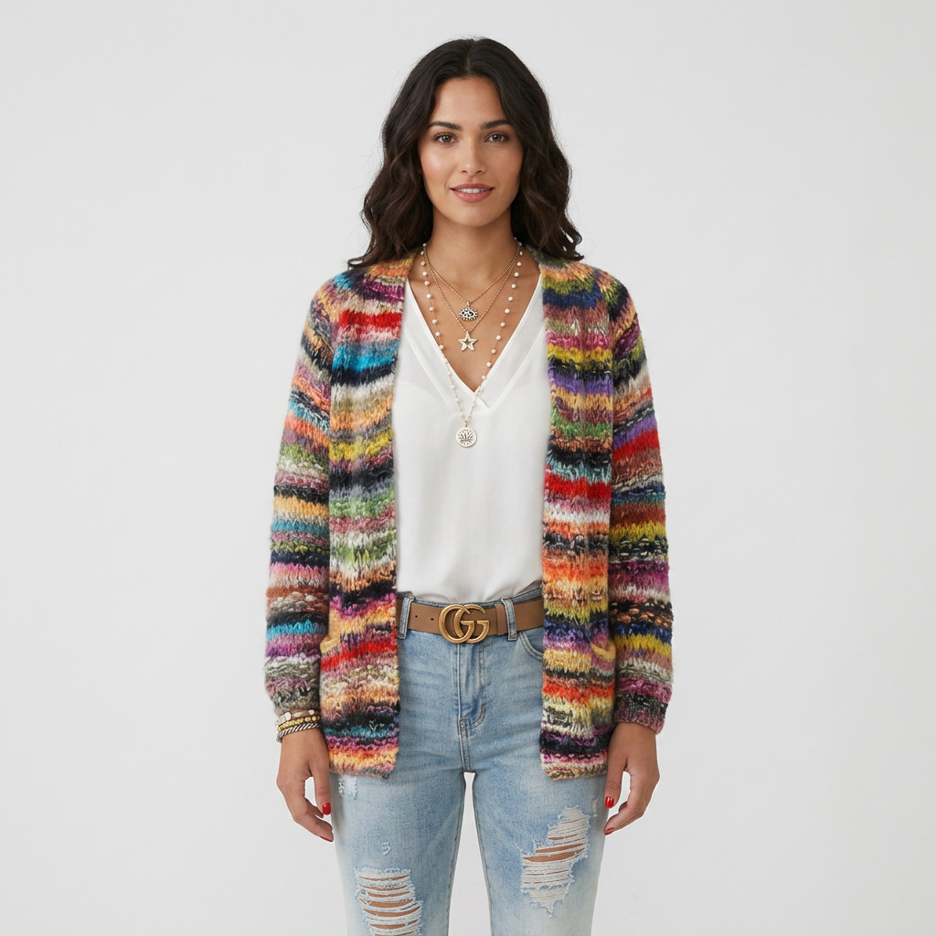 Long Sleeve Open Front Multicolor Knitted Sweater Cardigan