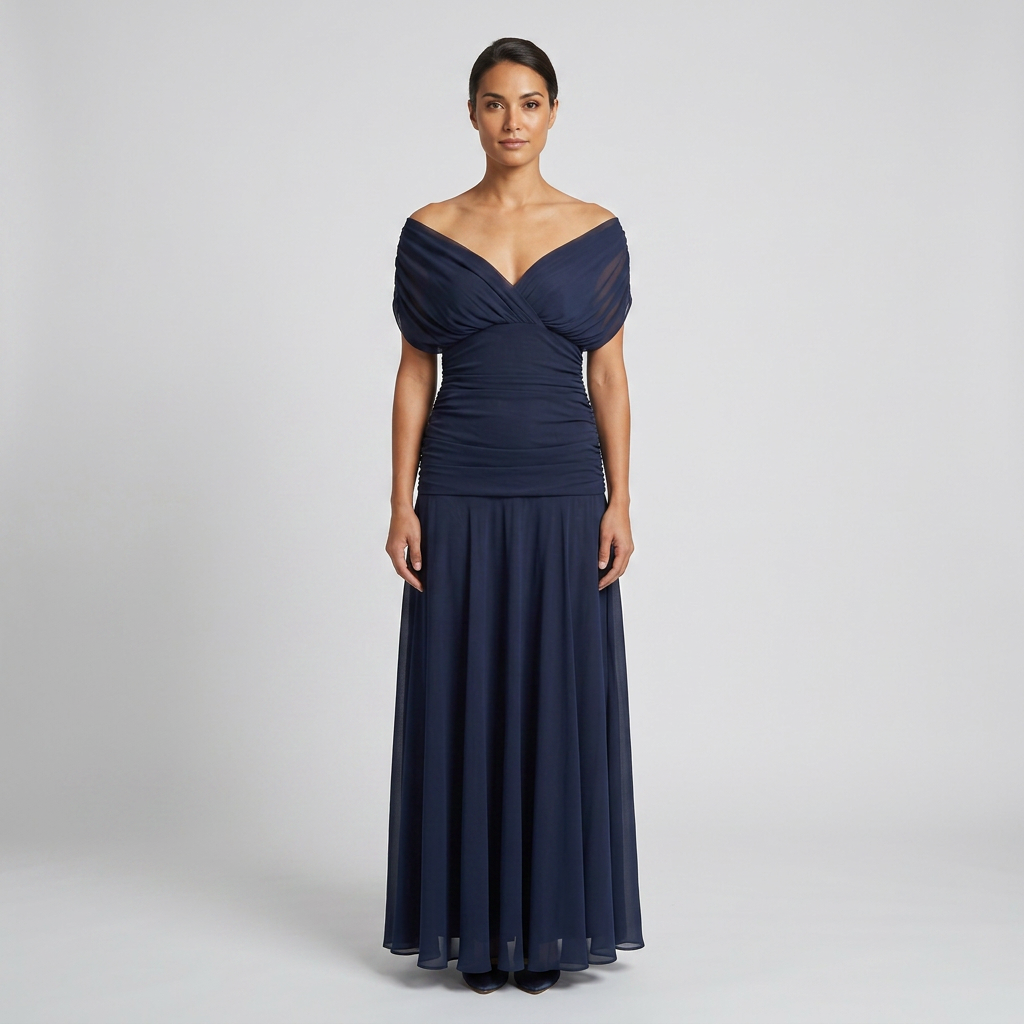 Draped Off-Shoulder V-Neck Ruched Maxi Gown with Elegant Flared Skirt
