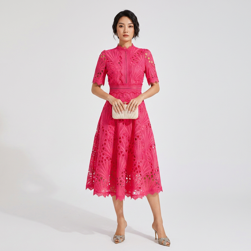 Elegant Lace Midi Dress with Flutter Sleeves and Layered
