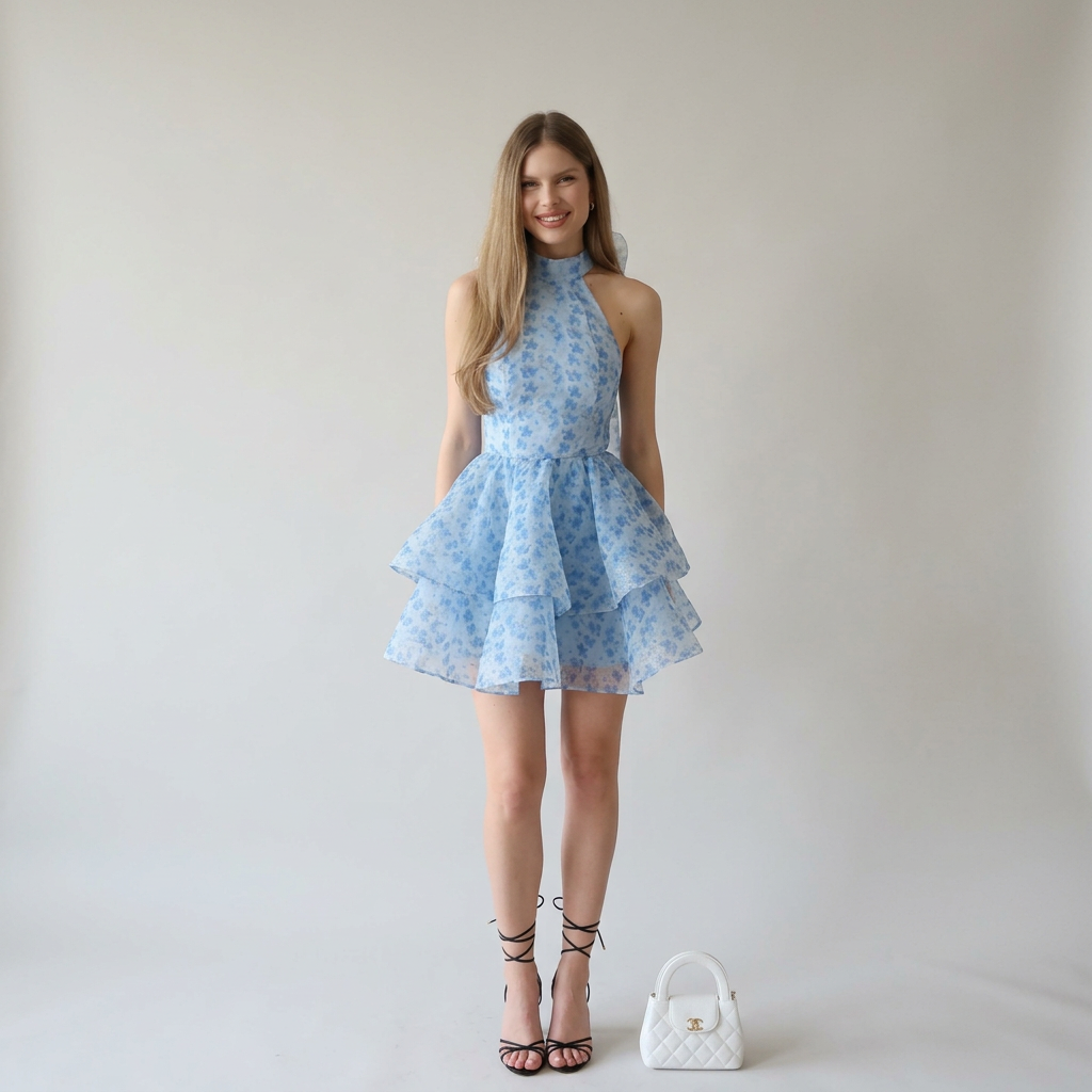 Floral Printed Organza High-Neck A-Line Mini Dress with Back Tie Detail