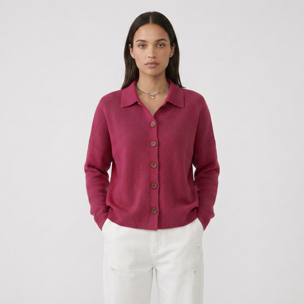 Long Sleeve Button Collar Knit Cardigan with Lapel Cut