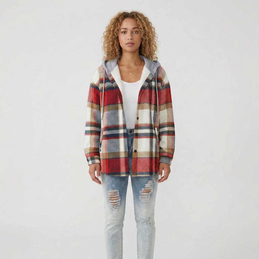 Long Sleeve Checkered Pattern Lined Knit Cardigan