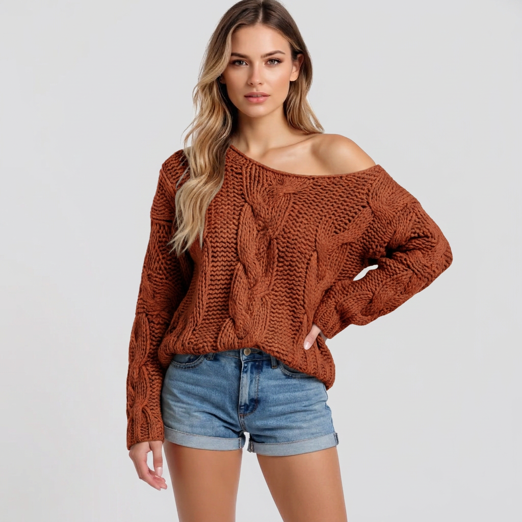 Chic Off-Shoulder Cable Knit Sweater in Warm Taupe