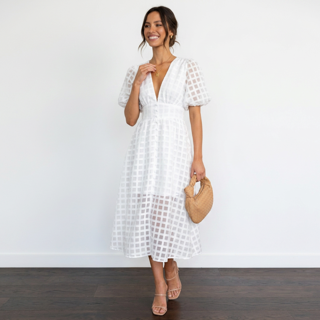 Grid Textured Puff Sleeve V-Neck Midi Wedding Guest Dress