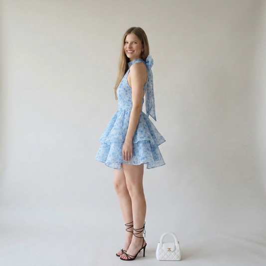 Floral Printed Organza High-Neck A-Line Mini Dress with Back Tie Detail