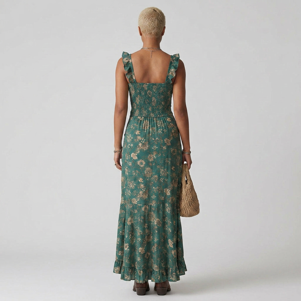 Floral Mermaid Maxi Dress with Ruffle Hem and High Slit