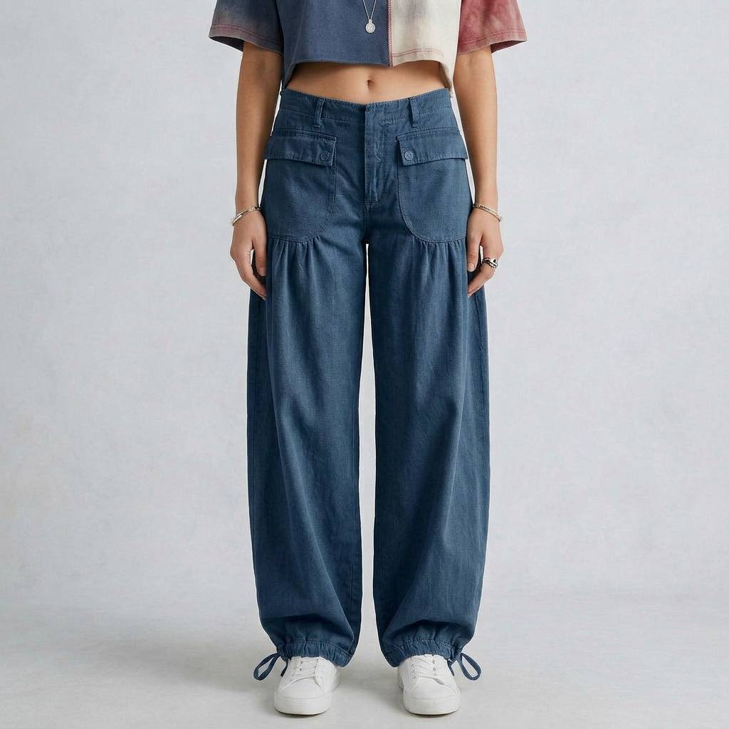 Wide-Leg Denim Lace-Up Utility Pants