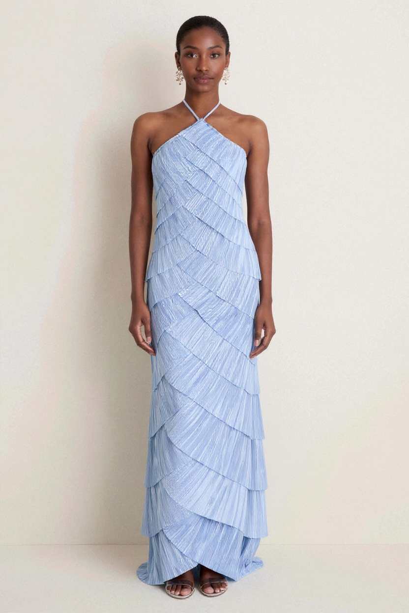 halter neck club dress Elegant Light Blue Pleated Halter-Neck Maxi – Belgravi Crafted from our premium Color:PERIWINKLE Neck midi dress gone-forever VBVC Women's Floral Cap