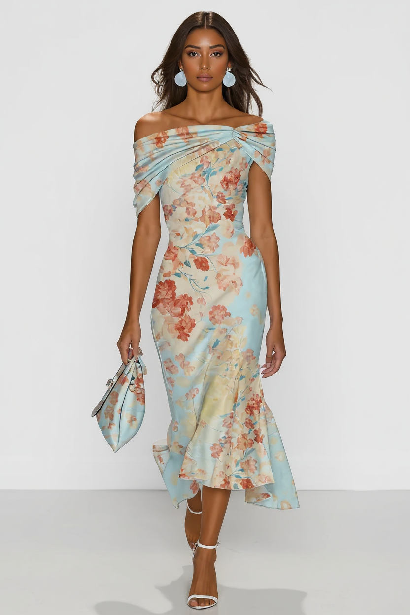 Floral Off-Shoulder Midi Dress in Pastel Shades