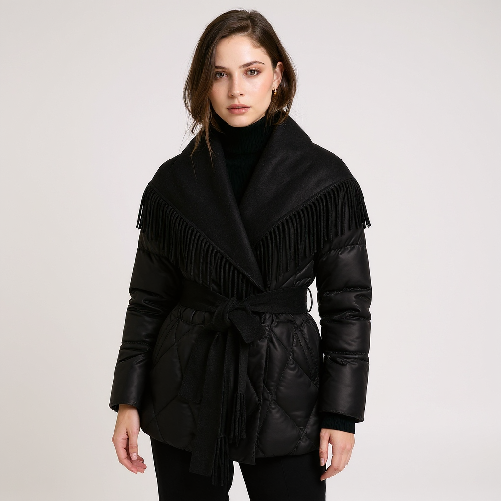 Nora Women Fringe Wool Lapel Belted Down Coat Jacket