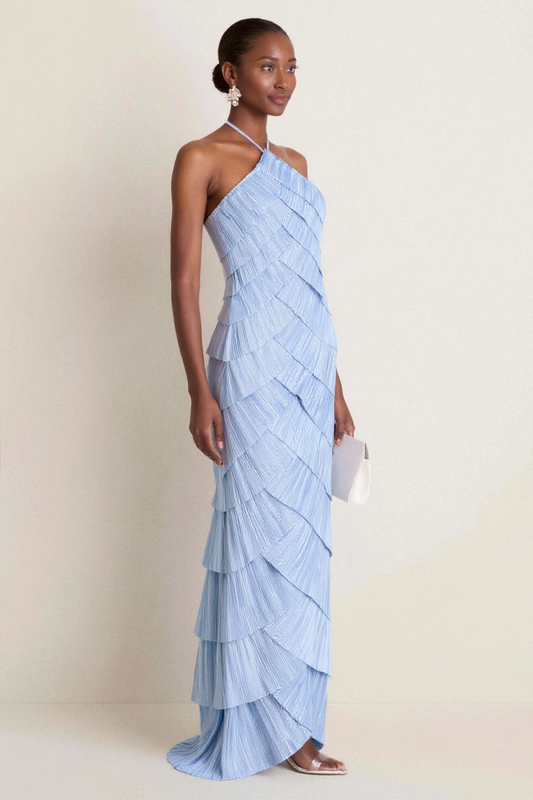Elegant Light Blue Pleated Halter-Neck Maxi Dress