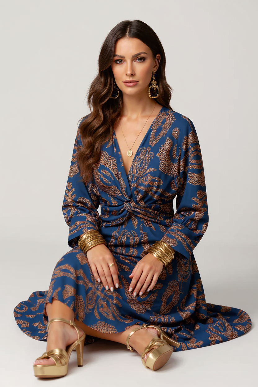 Rosalie Long Flare Sleeve V-Neck Satin Maxi Evening Dress