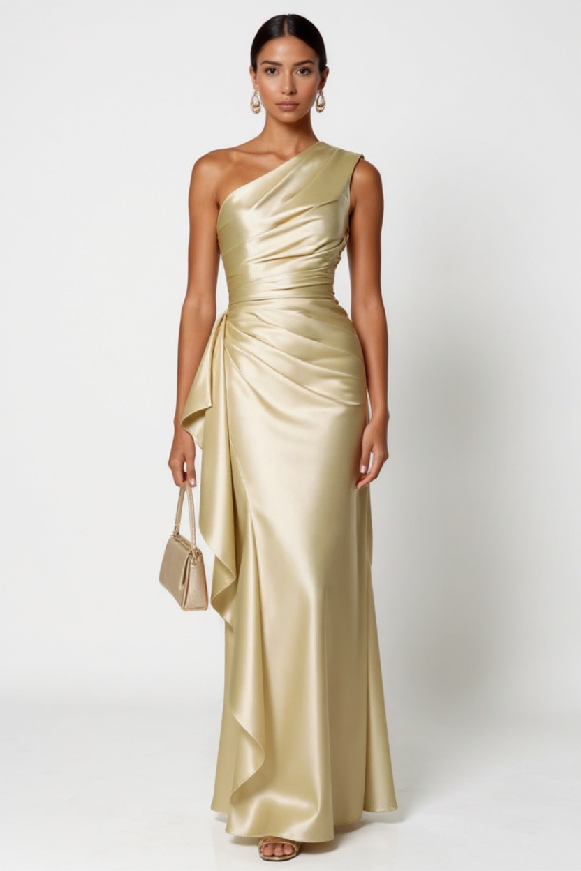 Elegant One-Shoulder Satin Ruffle Dress in Champagne