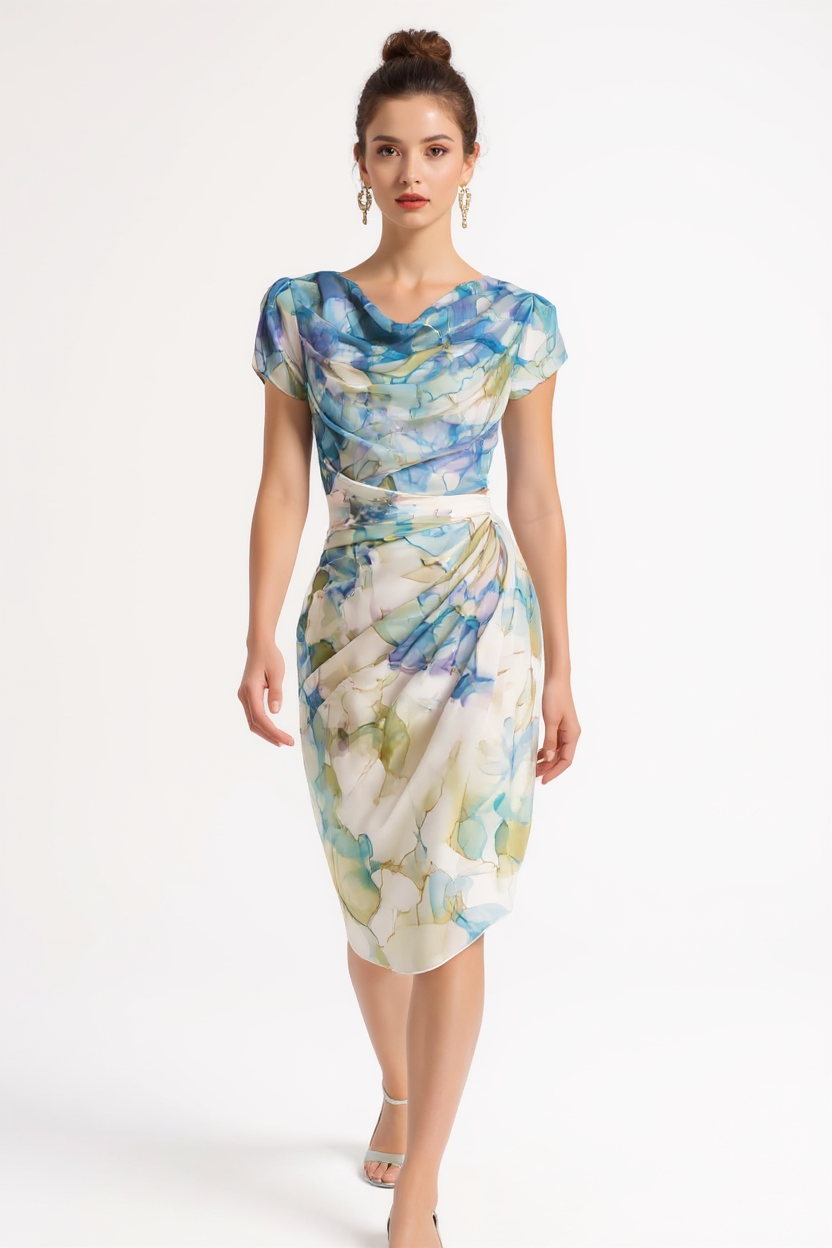 Watercolor Print Cowl Neck Midi Dress