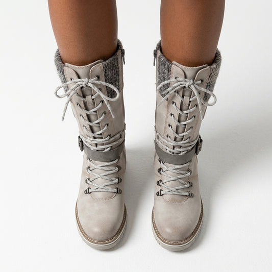 Valentina – Mid-Calf Lace-Up Boots with Side Zipper and Knit Cuff
