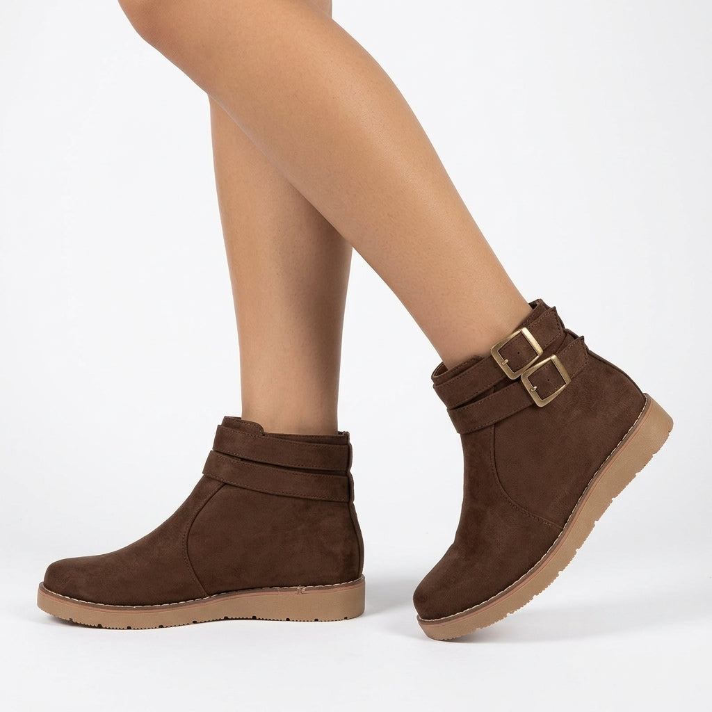 Isolde Suede-Look Ankle Boots with Double Buckle Straps and Low Wedge Sole