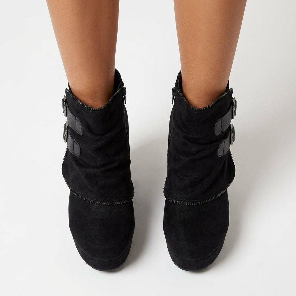 Corinne Suede-Look Double Buckle Wedge Ankle Boots