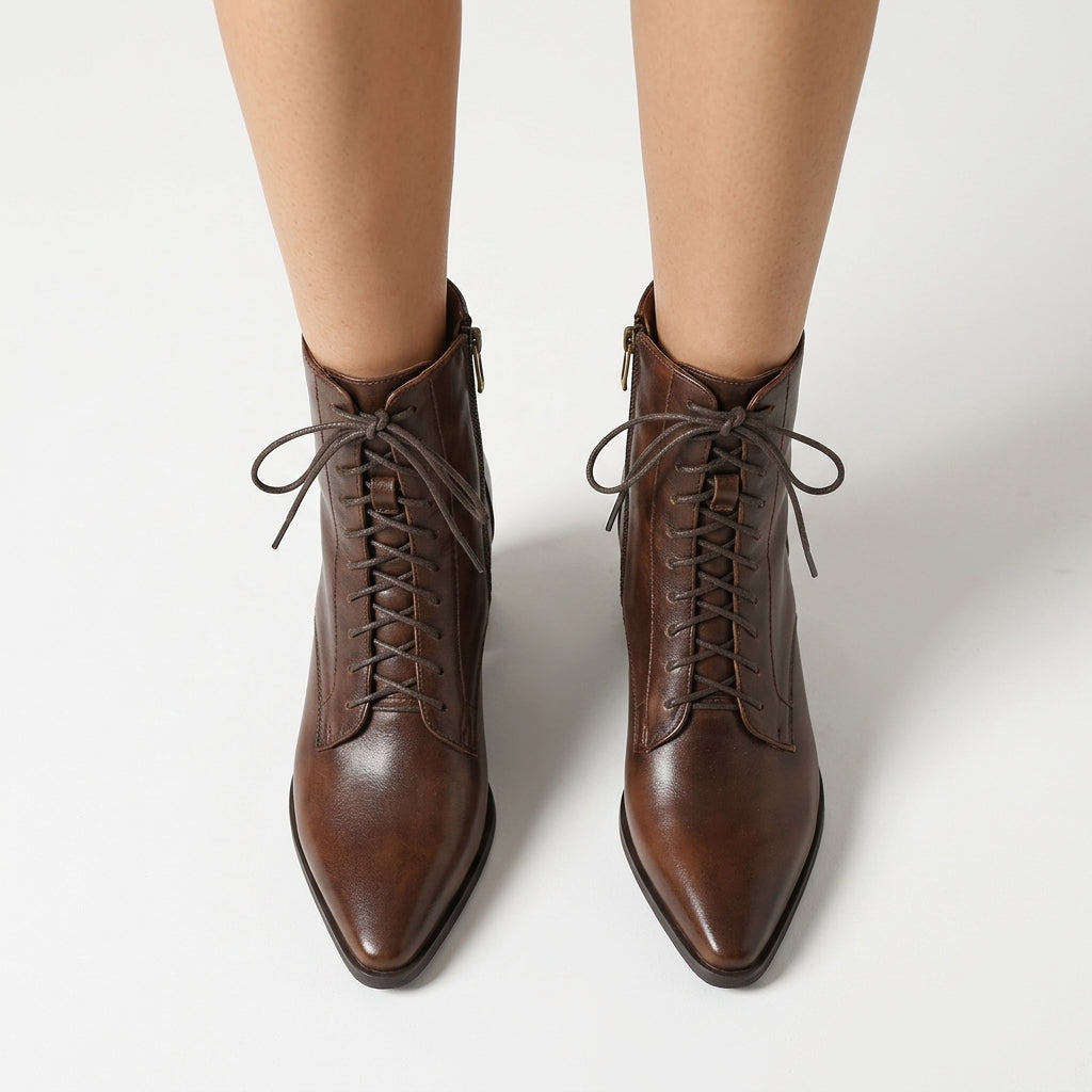 Corinne Lace-Up Ankle Boots with Side Zip and Stacked Block Heel