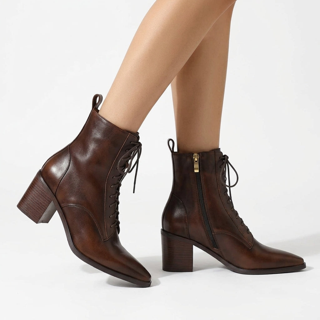 Corinne Lace-Up Ankle Boots with Side Zip and Stacked Block Heel