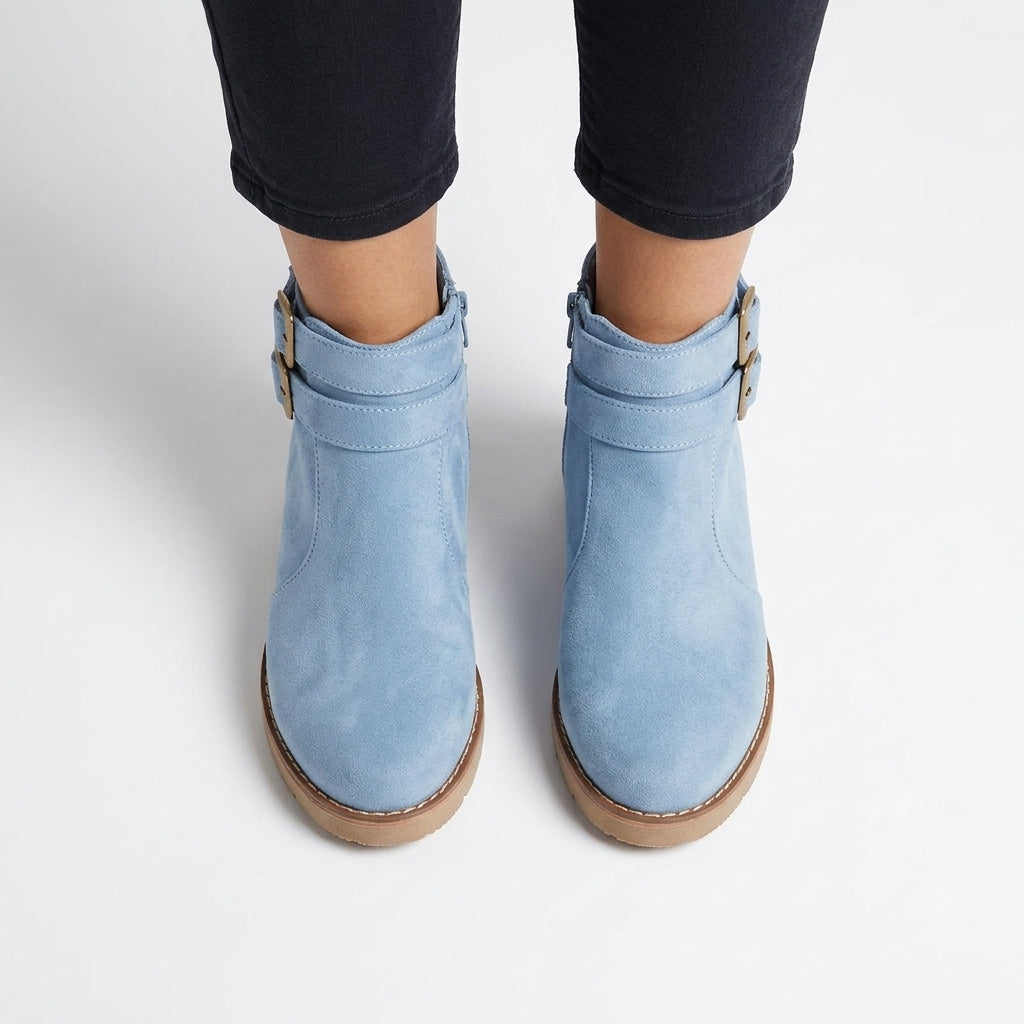 Isolde Suede-Look Ankle Boots with Double Buckle Straps and Low Wedge Sole
