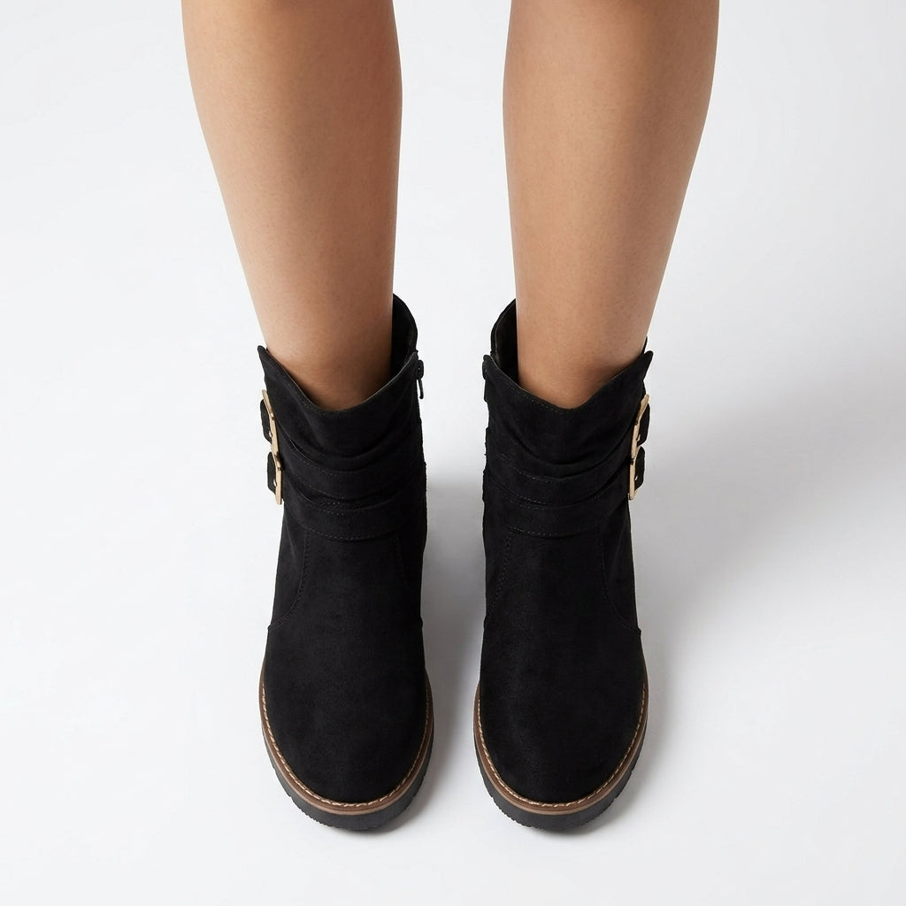 Isolde Suede-Look Ankle Boots with Double Buckle Straps and Low Wedge Sole