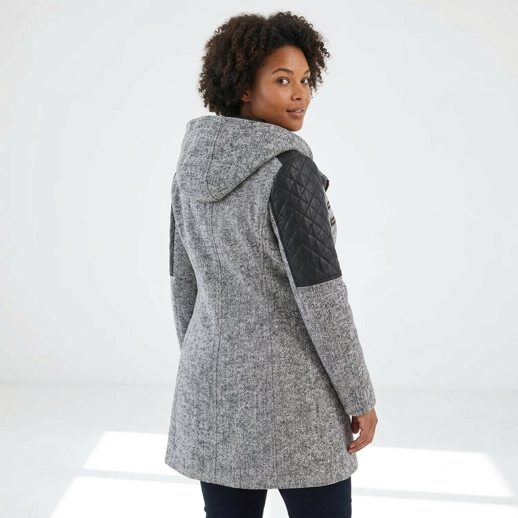 Luna Hooded Wool-Blend Coat with Asymmetric Zip and Quilted Panels