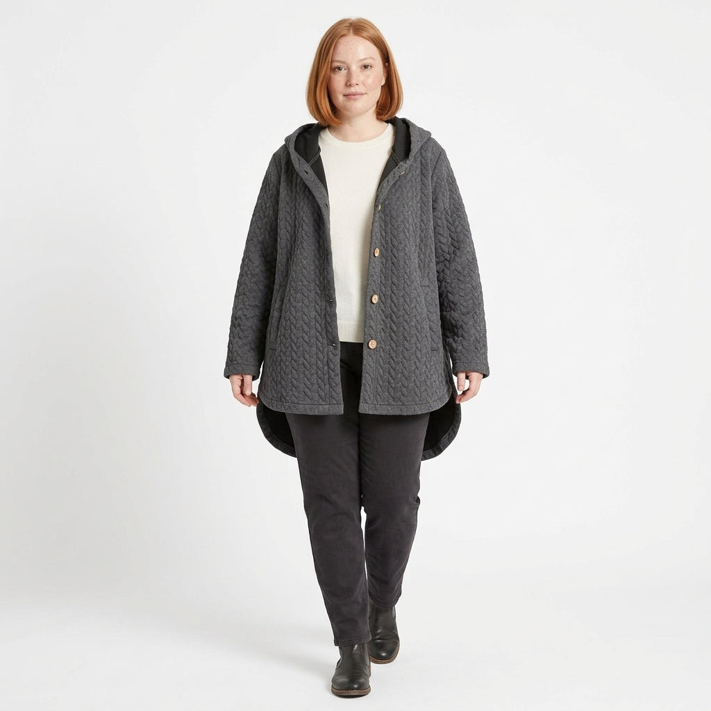 Olivia Hooded Quilted Coat with Button Front and Curved High-Low Hem