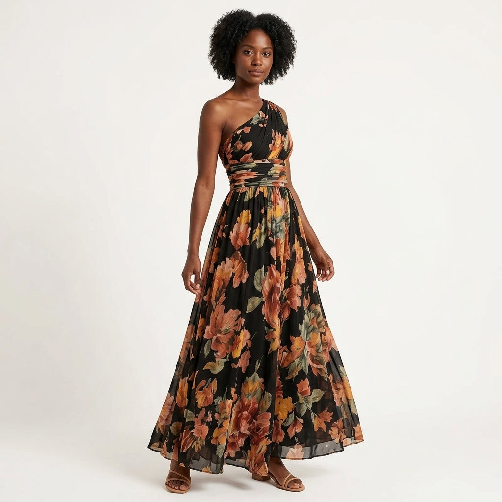 Amara | One-Shoulder Floral Maxi Dress with Ruched Waist and A-Line Skirt