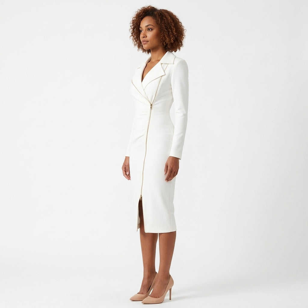 Lucienne Asymmetric Zip Front Tailored Midi Dress