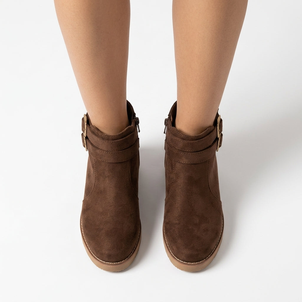 Isolde Suede-Look Ankle Boots with Double Buckle Straps and Low Wedge Sole
