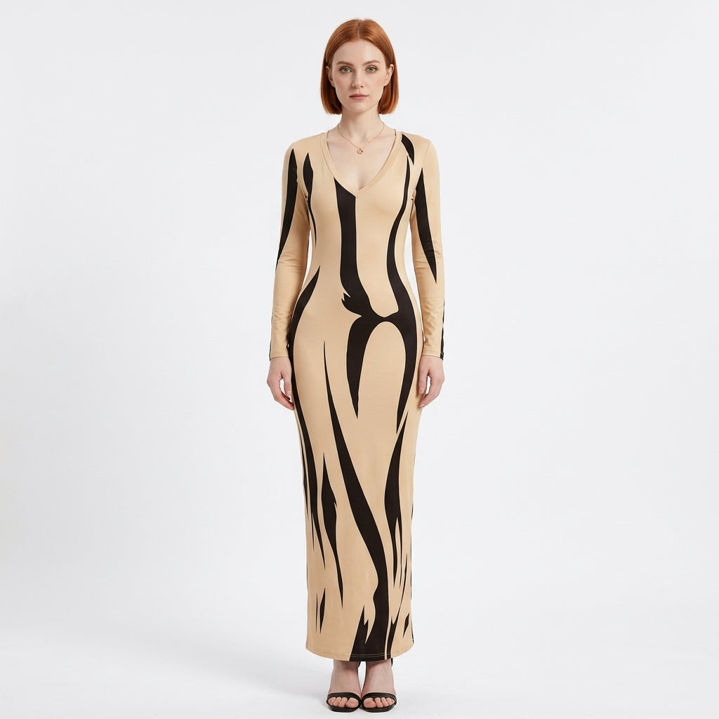 Megan | Women's Abstract Print Long-Sleeve V-Neck Bodycon Maxi Dress