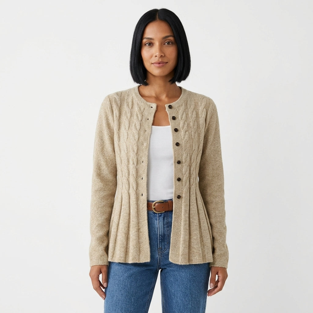 Fenn | Women's Cable-Knit Button-Front Cardigan with Peplum Hem