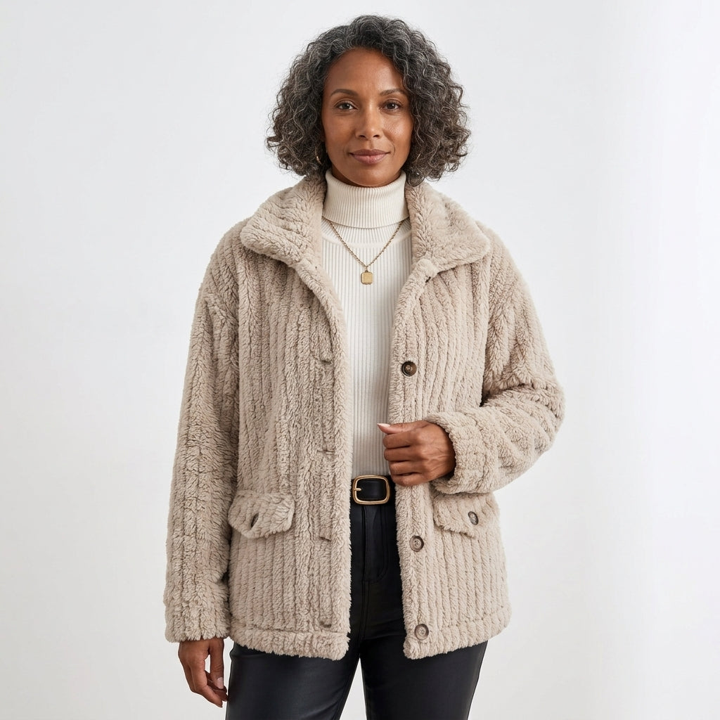 Victoria Button-Front Teddy Fleece Jacket with Flap Pockets