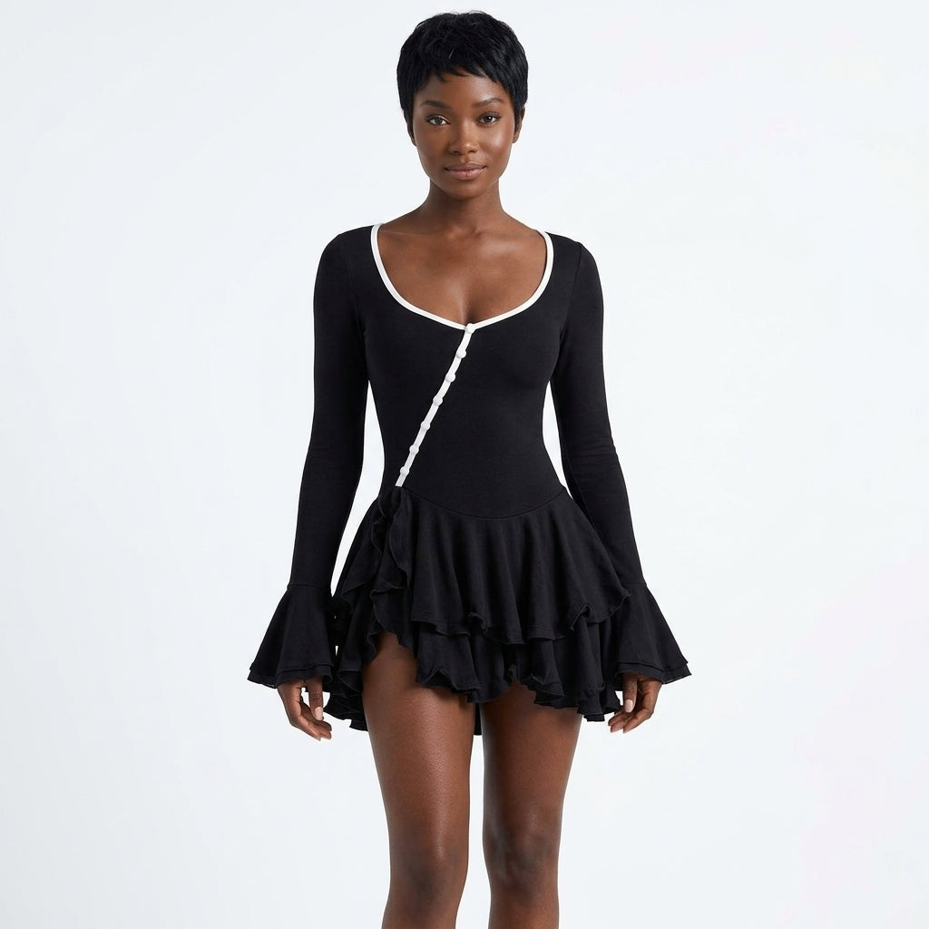 Natalia-Rae ruffle mini dress with diagonal buttons and flared cuffs