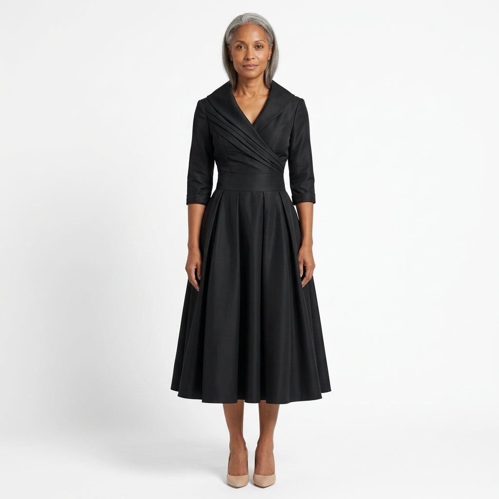 Simone-Skye wrap-bodice midi dress with shawl collar and pockets