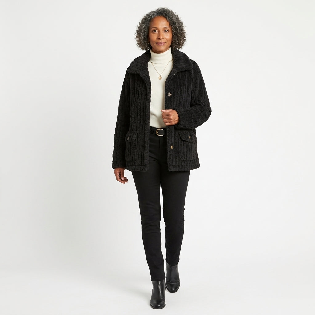 Victoria Button-Front Teddy Fleece Jacket with Flap Pockets