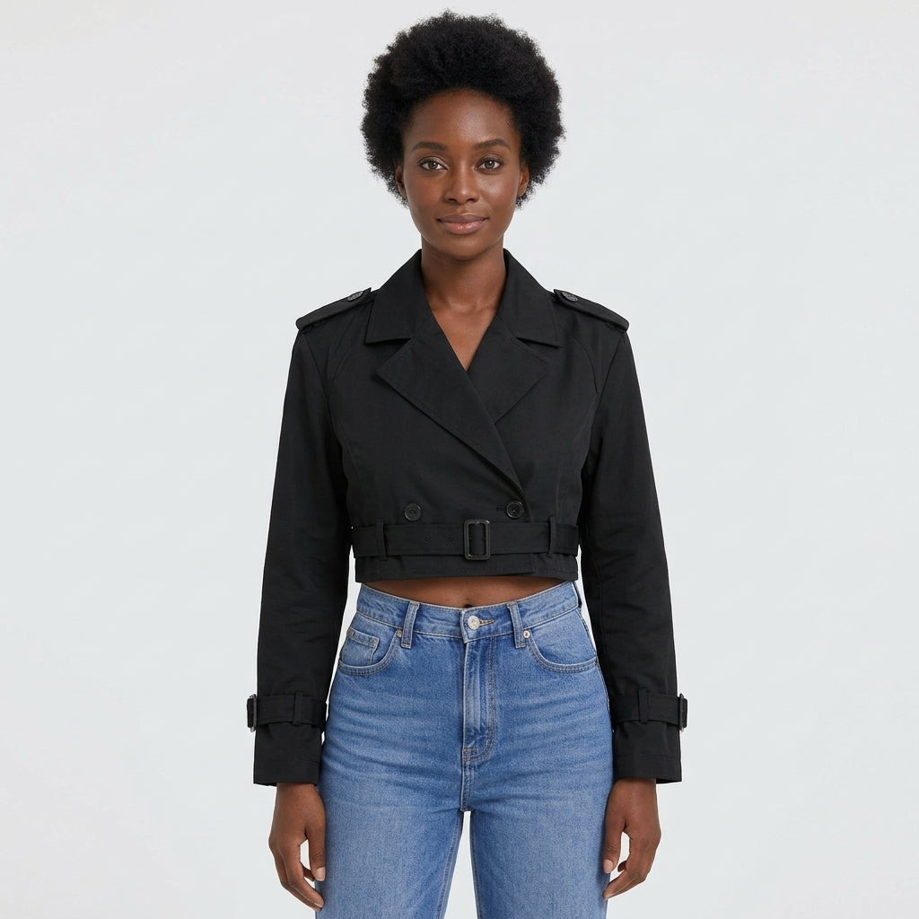 Evelyn | Women's Cropped Double-Breasted Belted Trench Jacket