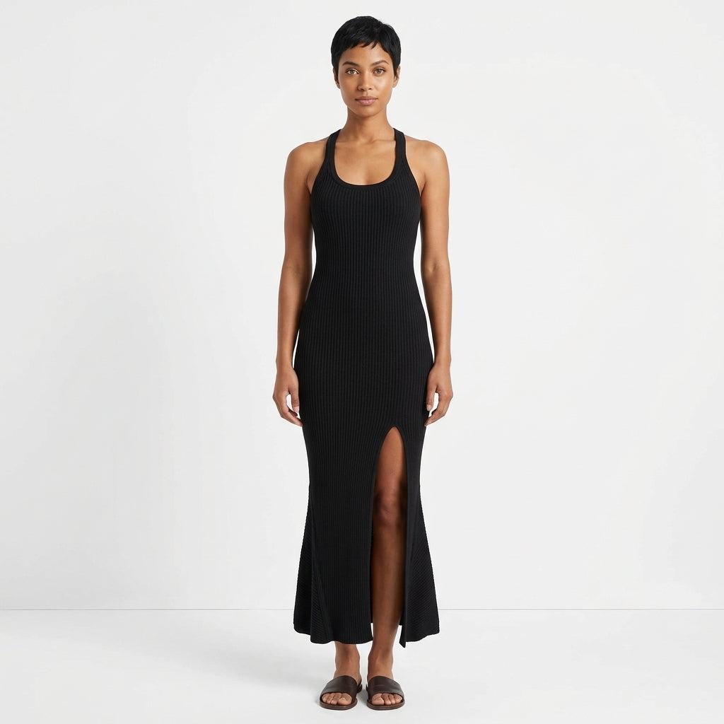 Sienna Sleeveless Ribbed Knit Long Dress with Front Slit
