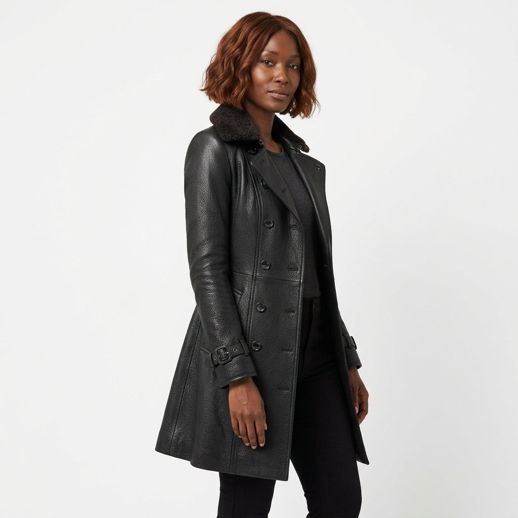 Camila Double-Breasted Leather Coat with Shearling Collar
