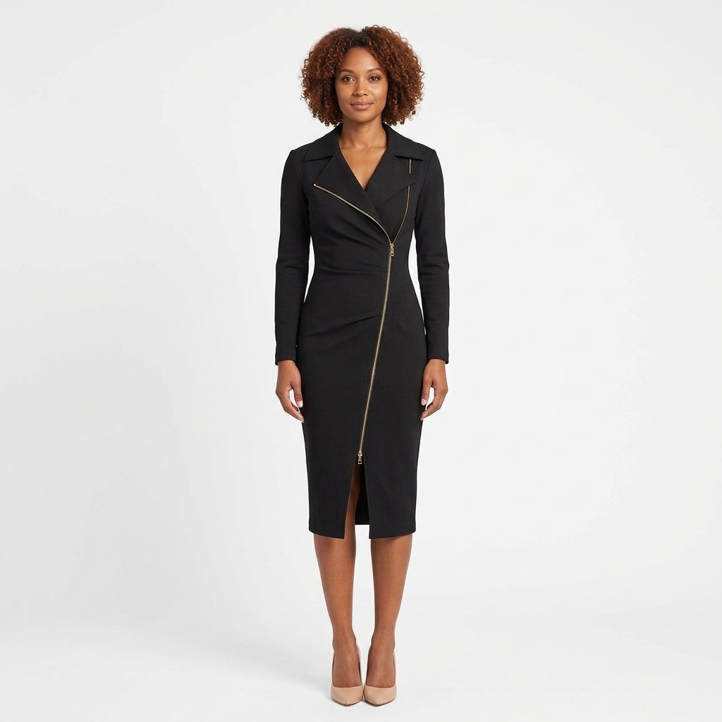 Lucienne Asymmetric Zip Front Tailored Midi Dress