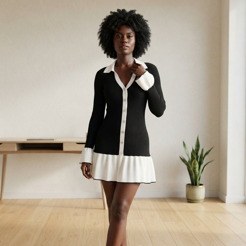 Black Contrasting Bell Sleeve Knit Sweater Dress