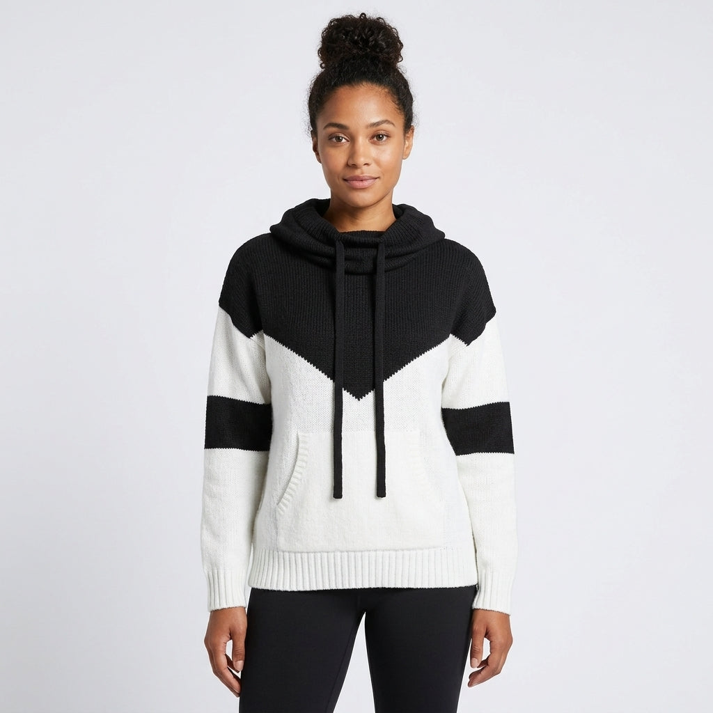 Wren | Women's Colour-Block Cowl Neck Knit Hoodie with Kangaroo Pocket