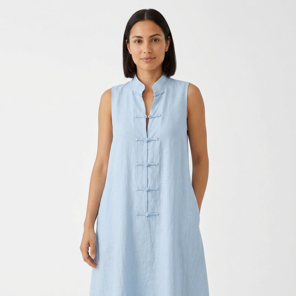 Savrani | Lightweight Sleeveless Maxi Dress with Mandarin Collar, Frog Closures and Pockets